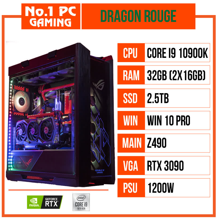 PC GAMING DRAGON ROUGE (I9 10900K/Z490/32GB RAM/2,5TB SSD/RTX 3090/1200W/WATERCOOLING EK/WIN 10 PRO)
