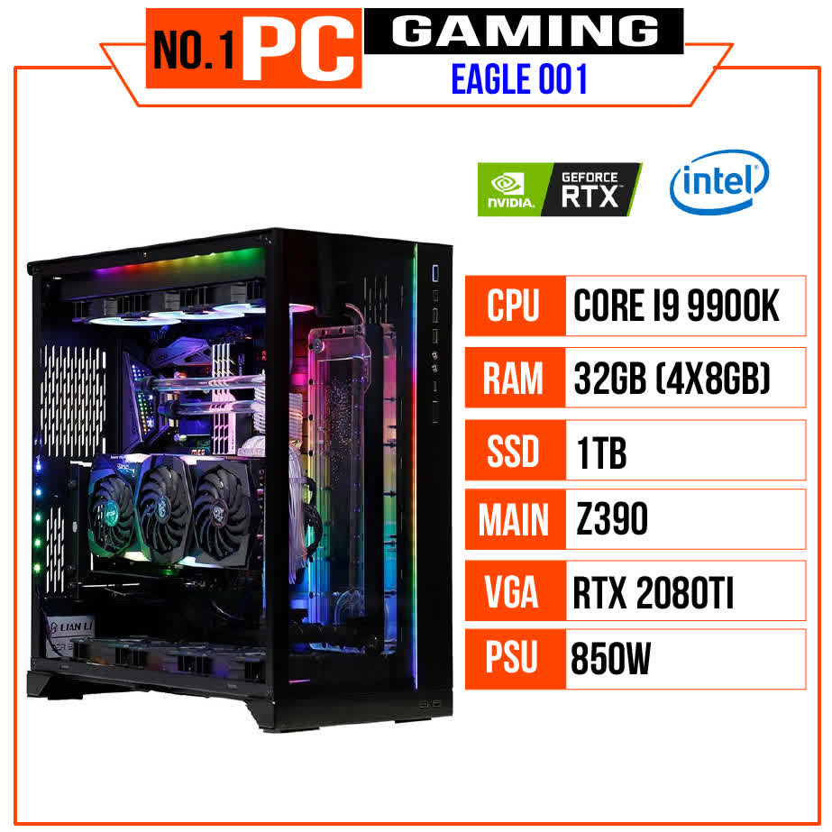 PC GAMING EAGLE 001 (I9 9900K/Z390/32GB RAM/1TB SSD/RTX 2080Ti/ 850W/WaterCooling EK/RGB/Win 10 Pro)