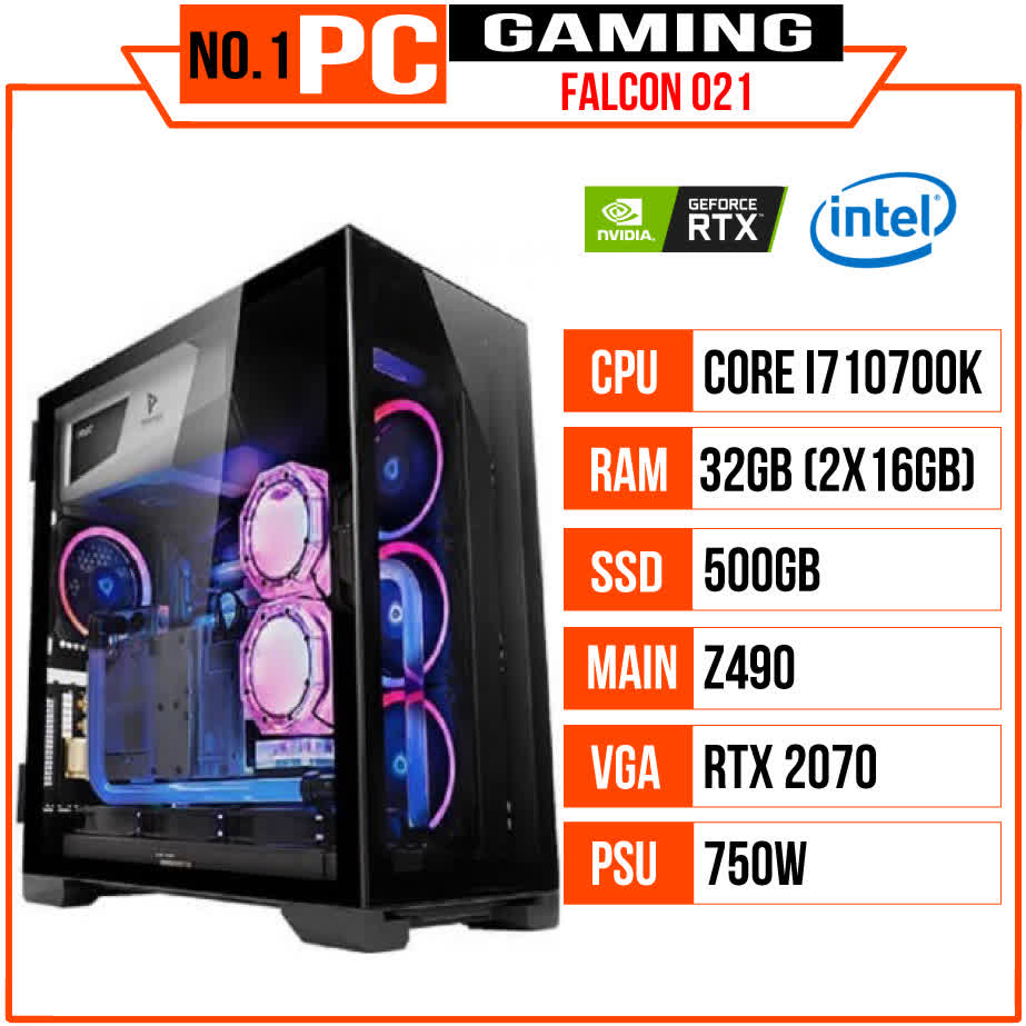 PC GAMING FALCON 021 (I7 10700K/Z490/RAM 32GB/500GB SSD/RTX 2070/750W/WaterCooling Freezemod/RGB)