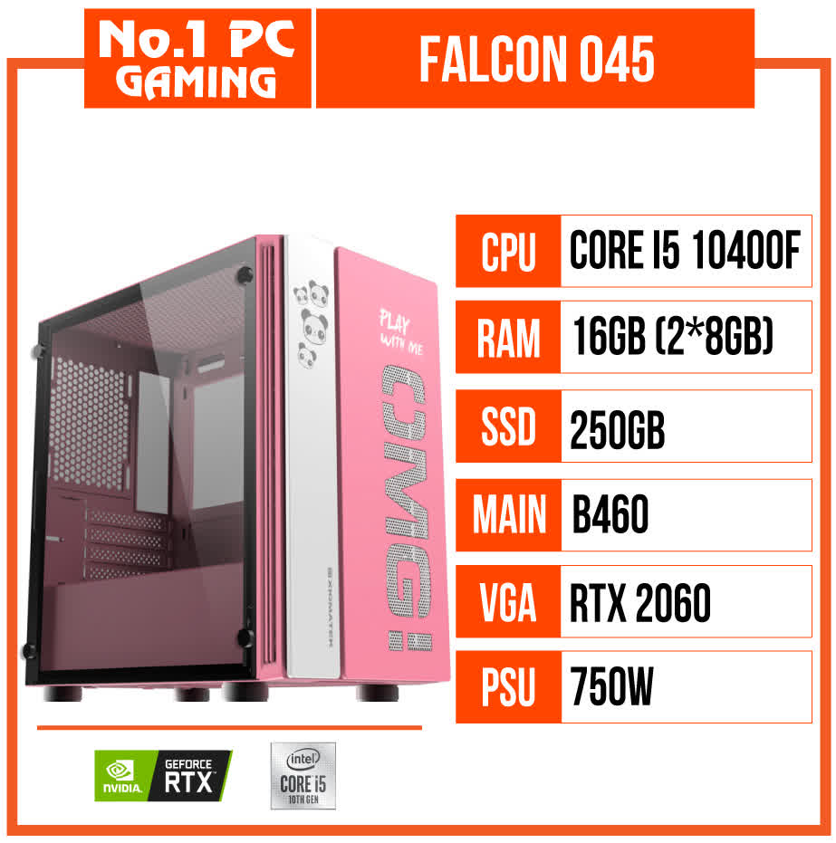 PC GAMING FALCON 045 (i5 10400F/B460/16GB RAM/250GB SSD/RTX 2060/750W/TẢN CR 1100/RGB PINK)