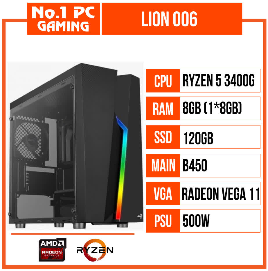 PC GAMING LION 006 (R5 3400G/B450/8GB RAM/120GB SSD/500W)