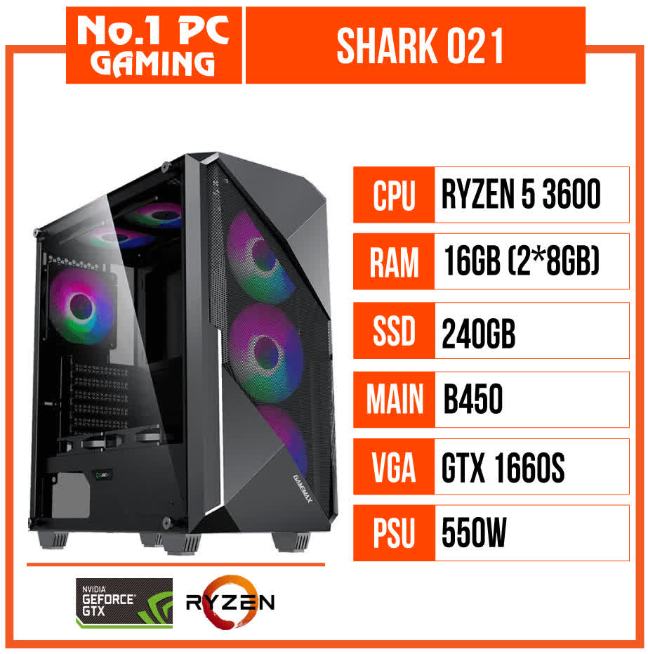 PC GAMING SHARK 021 (R5 3600/B450/16GB RAM/240GB SSD/GTX 1660 SUPER/550W/RGB)