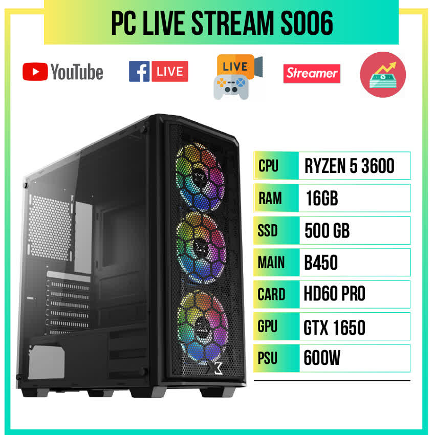 PC Live Stream S006 (Ryzen 5 3600/B450/16GB RAM/GTX 1650/FHD Capture Card/500GB SSD/600w)