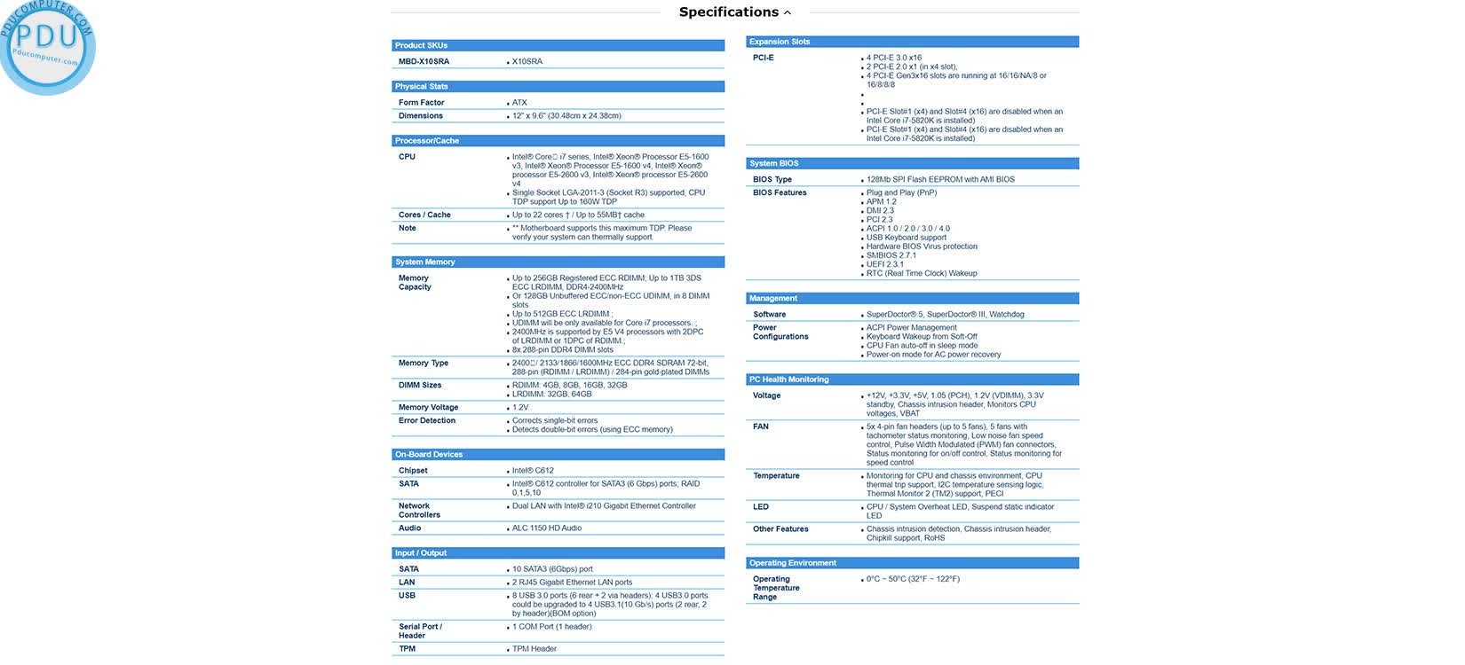 Mainboard Supermicro MBD-X10SRA-O (Intel C612, socket 2011-3, ATX, 8 khe RAM DDR4)