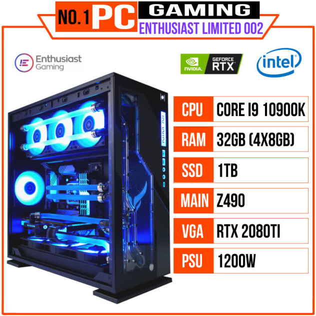 ngoài hình PC ENTHUSIAST GAMING LIMITED 002 (I9 10900K/Z490/RAM 32GB/1TB SSD/RTX 2080Ti/ 1200W/WaterCooling EK/RGB)
