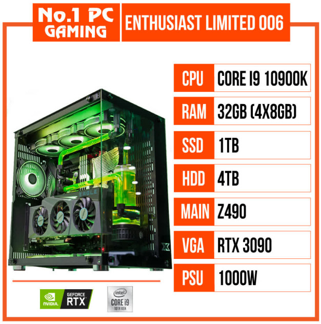 giới thiệu tổng quan PC ENTHUSIAST GAMING LIMITED 006 (I9 10900K/Z490/32GB RAM/1TB SSD/4TB HDD/RTX 3090/1000W/WATERCOOLING EK/RGB)