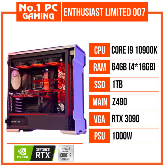 giới thiệu tổng quan PC ENTHUSIAST GAMING LIMITED 007 (i9 10900K/Z490/64GB RAM/1TB SSD/RTX 3090/1000W/WATERCOOLING EK/WIN 10/RGB)