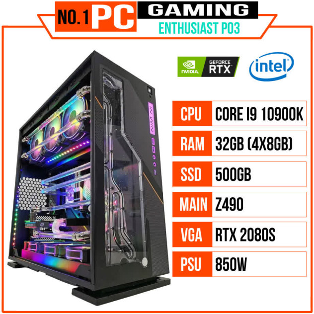 giới thiệu tổng quan PC ENTHUSIAST GAMING PLATINUM 03 (i9 10900K/Z490/32GB RAM/500GB SSD/RTX 2080 SUPER/850W/WATERCOOLING EK/RGB)