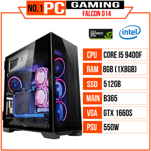 giới thiệu tổng quan PC GAMING FALCON 014 (I5 9400F/B365/8GB RAM/SSD 512GB/GTX 1660 Super/550W/Water Cooling Freezemod/RGB)