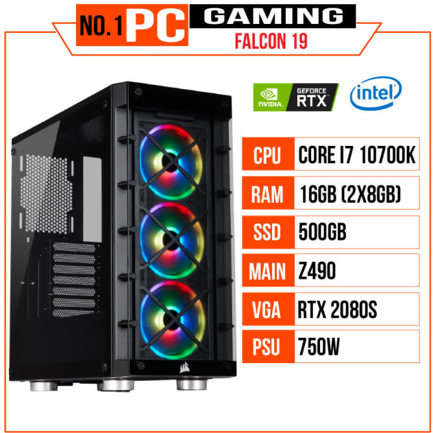 giới thiệu tổng quan PC GAMING FALCON 019 (I7 10700K/Z490/16GB RAM/500GB SSD/RTX 2080 Super/750W/Tản AIO Corsair H100i/RGB)