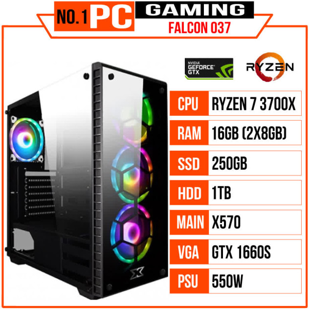 giới thiệu tổng quan PC GAMING FALCON 037 (R7 3700X/X570/16GB RAM/250GB SSD/1TB HDD/GTX 1660 Super/550W/Tản CR-1000GT/RGB