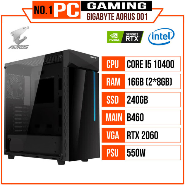 Nội quan PC GAMING GIGABYTE AORUS 001 (I5 10400/B460/16GB RAM/240GB SSD/RTX 2060/550W/RGB)
