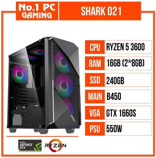 giới thiệu tổng quan PC GAMING SHARK 021 (R5 3600/B450/16GB RAM/240GB SSD/GTX 1660 SUPER/550W/RGB)