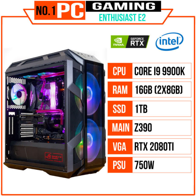 giới thiệu tổng quan PC HNC ENTHUSIAST GAMING E2 (I9 9900K/Z390/16GB RAM/1TB SSD/RTX2080Ti/750W/RGB)