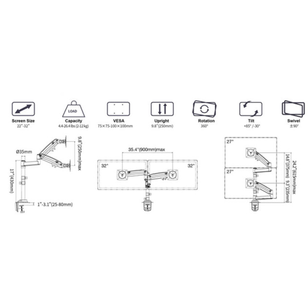 Giá đỡ 2 màn hình máy tính gắn cạnh bàn North Bayou H180 (22-32 inch)